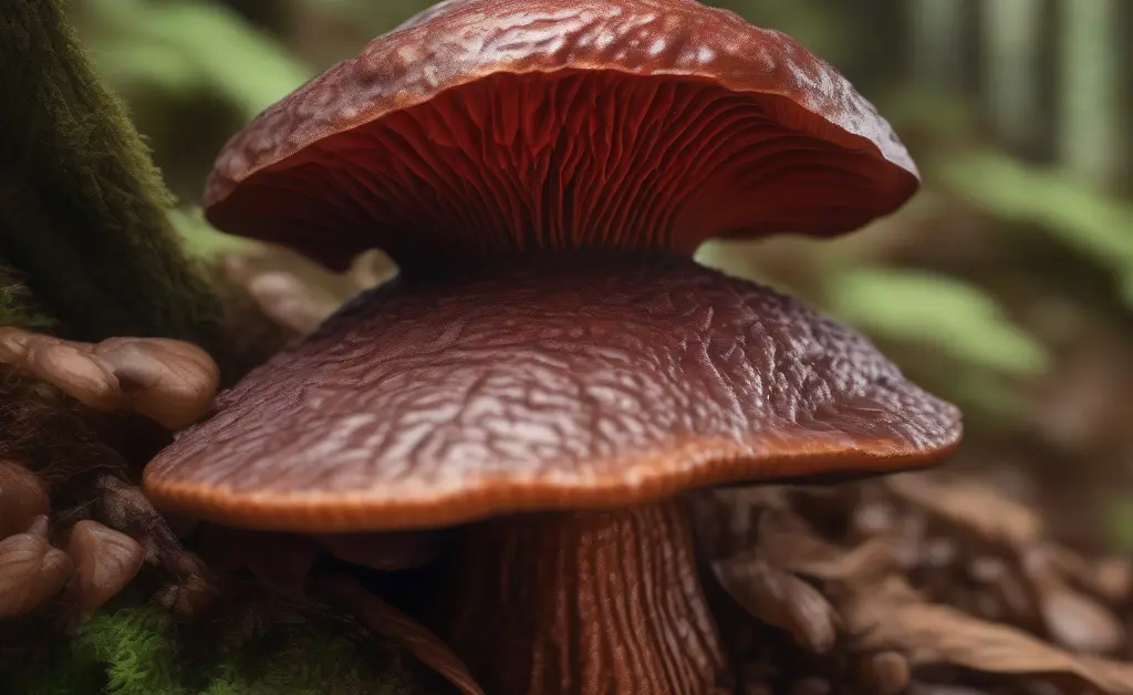 Close-up of a reishi mushroom cap with detailed texture and natural colors representing the reishi mushroom scientific name concept