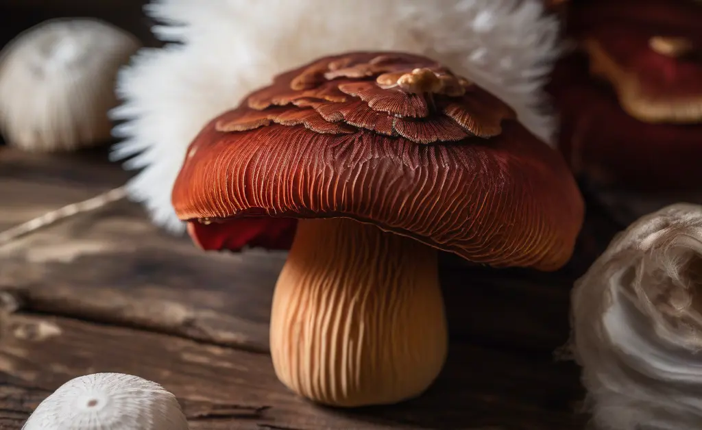 Close-up of fresh reishi mushroom vs lion's mane mushrooms displayed side by side on a wooden surface, highlighting their distinct textures and colors