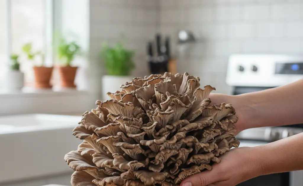 A person holds a fresh maitake mushroom cluster while pondering the question can you eat raw maitake mushroom in a bright, clean kitchen.