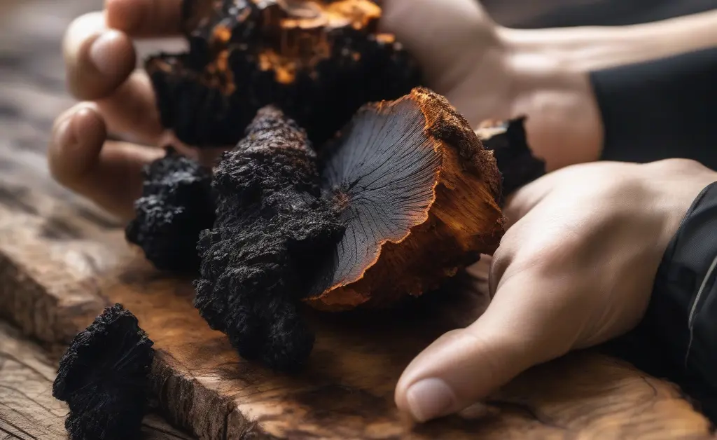 A close-up of a hand holding a freshly cut chaga mushroom piece, illustrating concerns about chaga mushroom allergy.