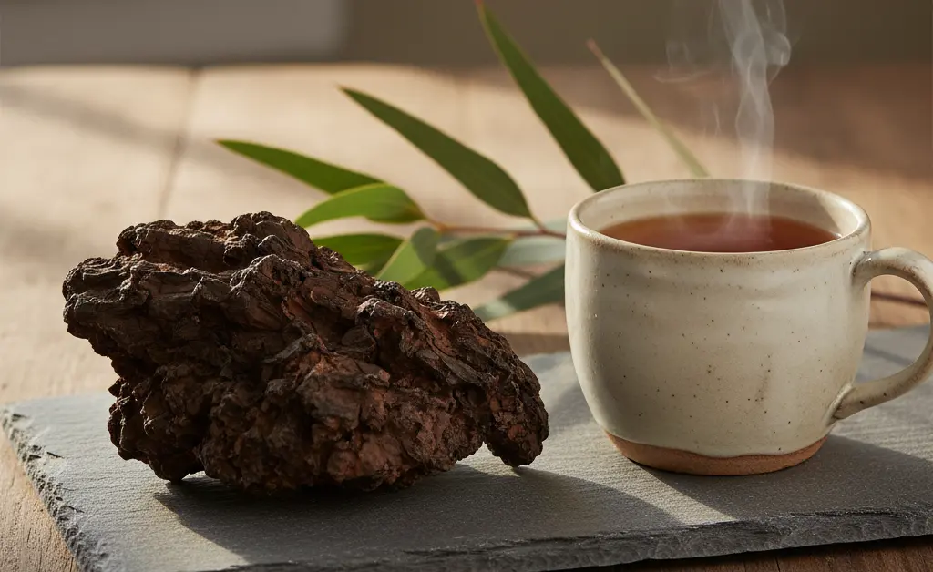 A complete guide to chaga mushroom australia is illustrated with a dark chaga chunk and a prepared tea on a rustic table.