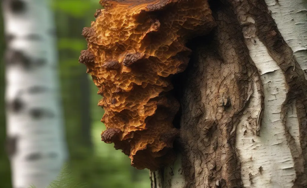 A close-up of a natural chaga mushroom growing on a birch tree illustrating chaga mushroom benefits and side effects in a forest setting.