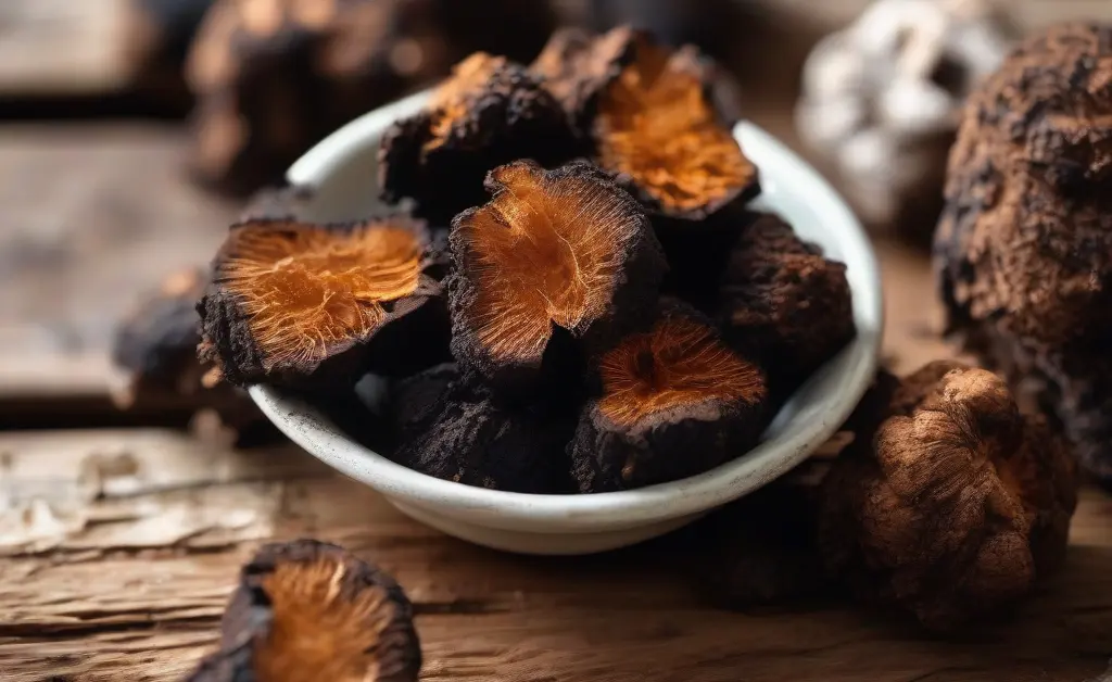 A close-up of fresh chaga mushrooms next to a pair of healthy human eyes illustrating chaga mushroom benefits for eyes.