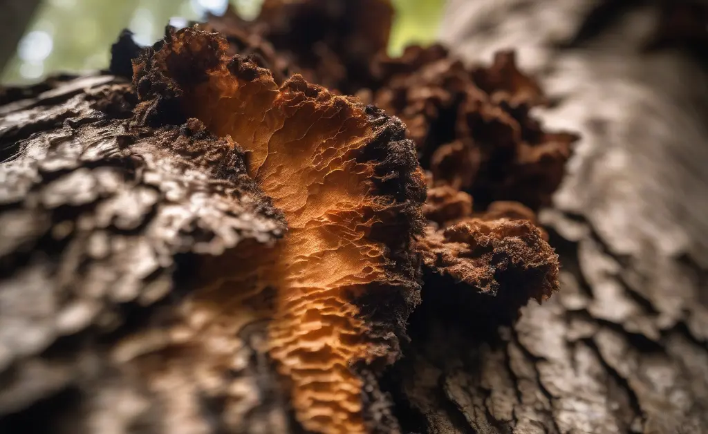 A close-up of fresh chaga mushroom on birch tree bark illustrating chaga mushroom benefits for fertility in a natural forest setting.