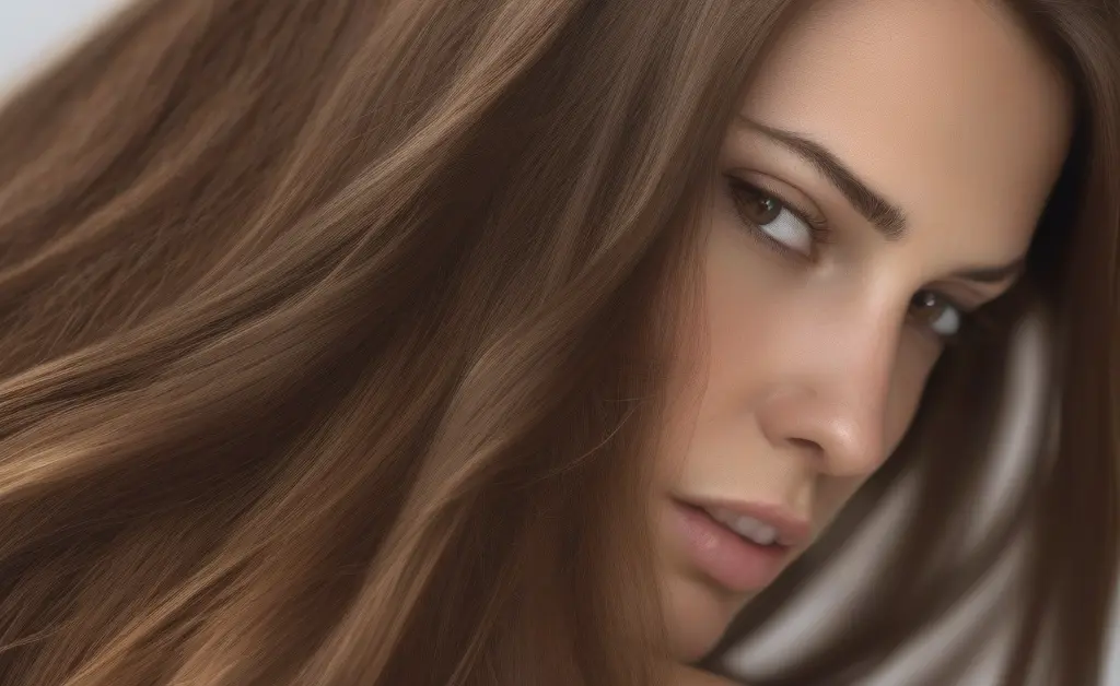 Close-up of healthy brown hair with natural shine illustrating chaga mushroom benefits for hair in a bright, clean setting