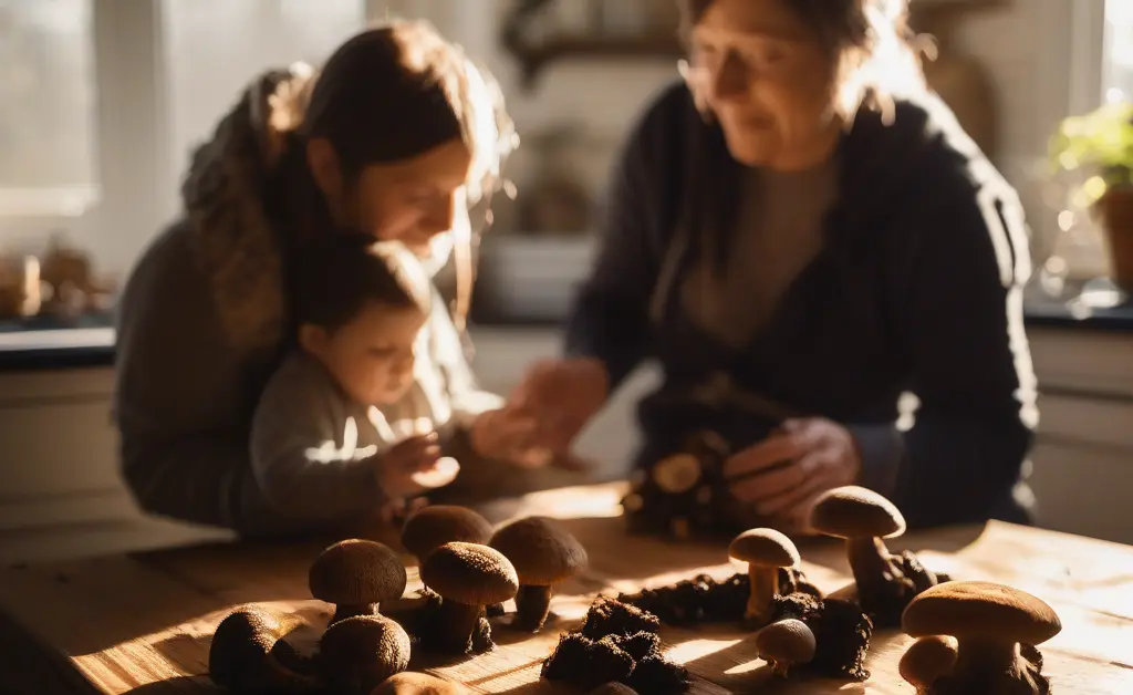 A mother and child examining chaga mushrooms together highlighting chaga mushroom benefits for kids in a bright, natural kitchen setting.