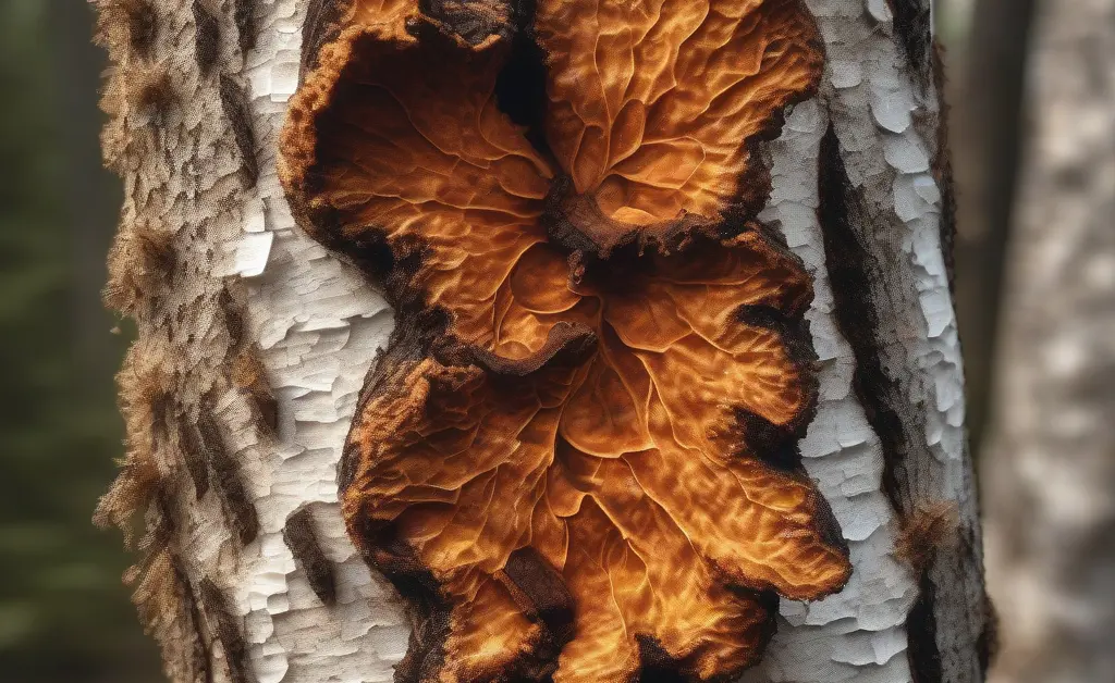 Close-up of a fresh chaga mushroom on a tree bark illustrating chaga mushroom benefits for liver in natural health