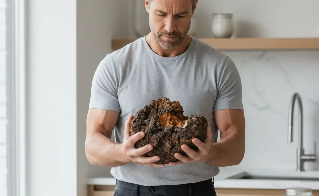 A healthy man in his 40s thoughtfully examines a raw chaga mushroom, considering the chaga mushroom benefits for men.