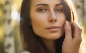 A close-up of a woman gently touching her glowing face highlighting the natural chaga mushroom benefits for skin.