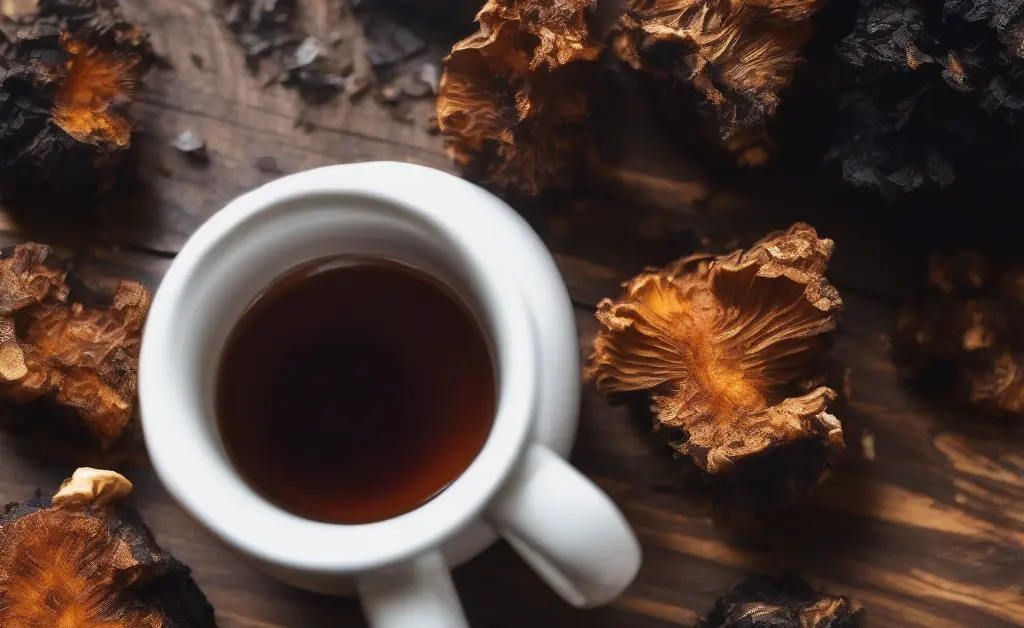 A wooden table with freshly harvested chaga mushroom chunks beside a steaming cup of herbal tea, highlighting chaga mushroom benefits for sleep.