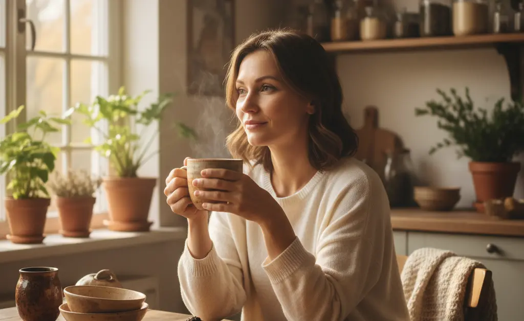 A healthy woman in a naturally lit room holds a warm mug of tea, illustrating the chaga mushroom benefits for women.