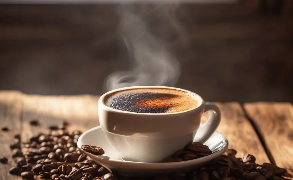 A steaming cup showcasing chaga mushroom coffee benefits with natural chaga mushrooms and coffee beans on a rustic wooden table.