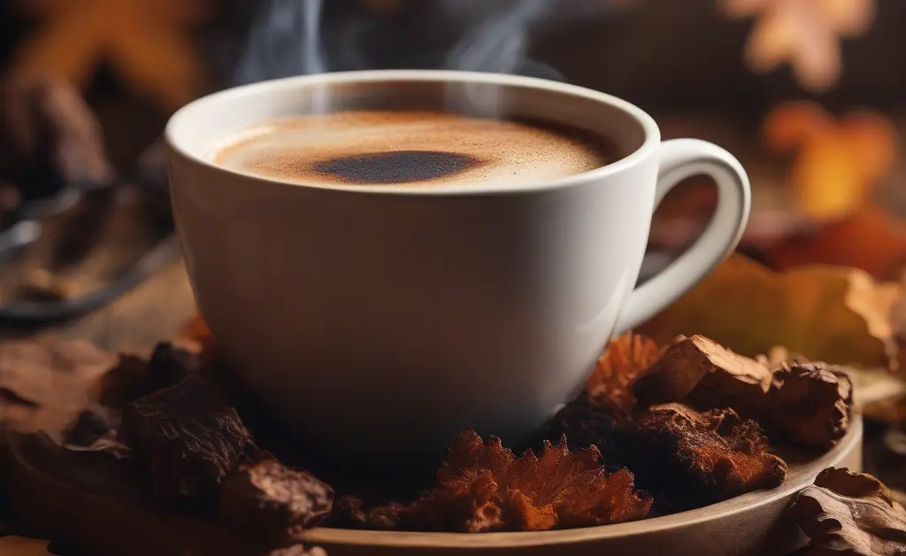 A steaming cup of chaga mushroom coffee benefits served on a rustic wooden table surrounded by fresh chaga mushrooms and natural herbal elements.