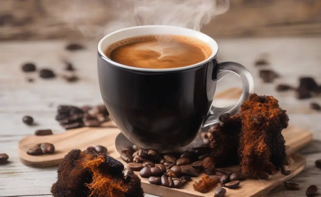 A steaming cup of chaga mushroom coffee on a wooden table surrounded by natural chaga mushrooms and coffee beans in warm morning light