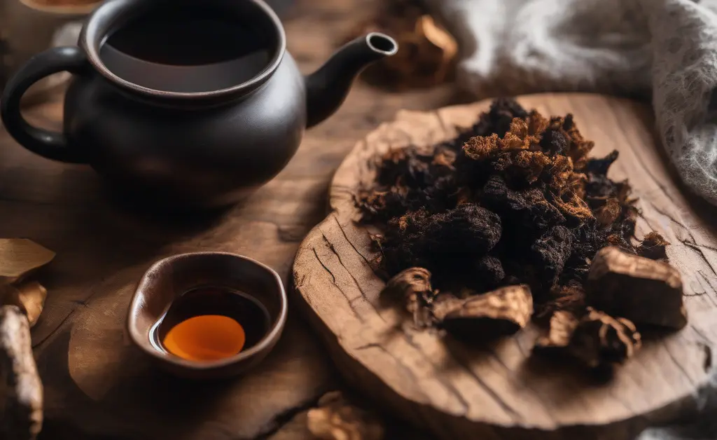 A close-up photo of a rustic wooden table with a steaming cup of chaga tea beside scattered chaga mushroom chunks, illustrating the concept of chaga mushroom diarrhea.