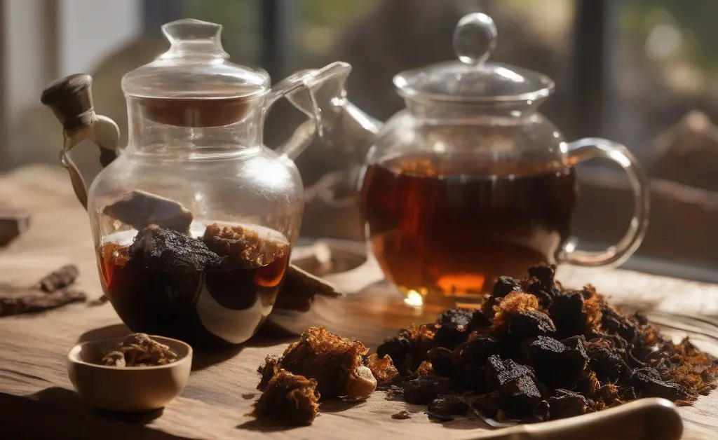 A close-up of a wooden table with chaga mushroom chunks, a glass teapot brewing dark herbal tea, and a measuring spoon highlighting chaga mushroom dosage.
