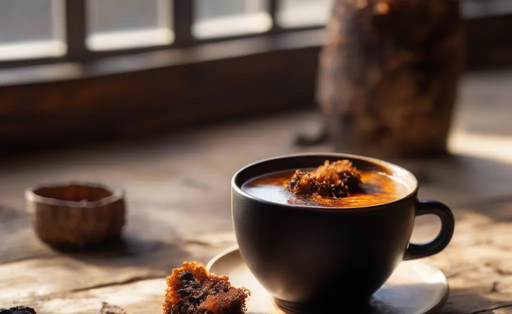 A rustic wooden table with a steaming cup of chaga mushroom drink surrounded by chunks of chaga mushroom and a birch tree bark in soft natural light.