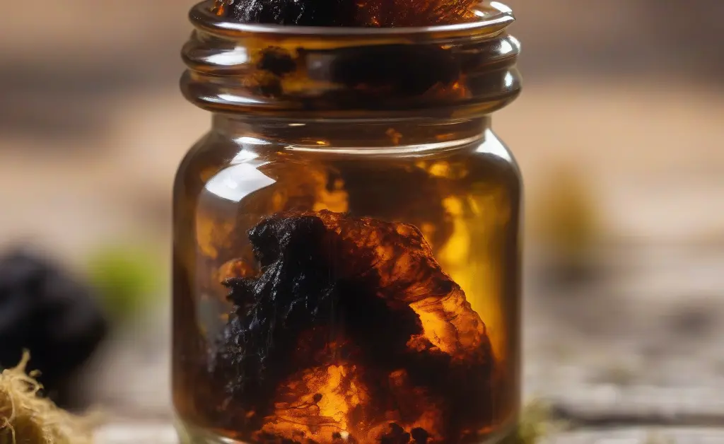 A close-up of amber-colored chaga mushroom drops in a small glass bottle placed on a rustic wooden surface with chaga mushroom chunks and green moss in soft natural light.