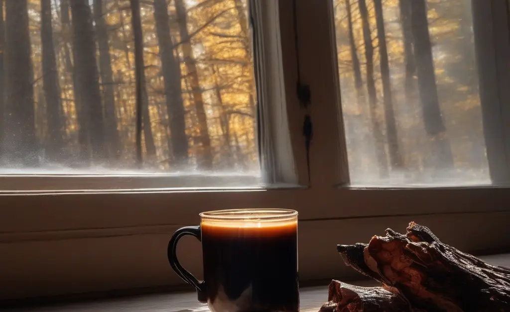 A rustic wooden table features a steaming cup of chaga mushroom elixir next to fresh Chaga mushroom pieces and birch tree bark, bathed in soft natural daylight.
