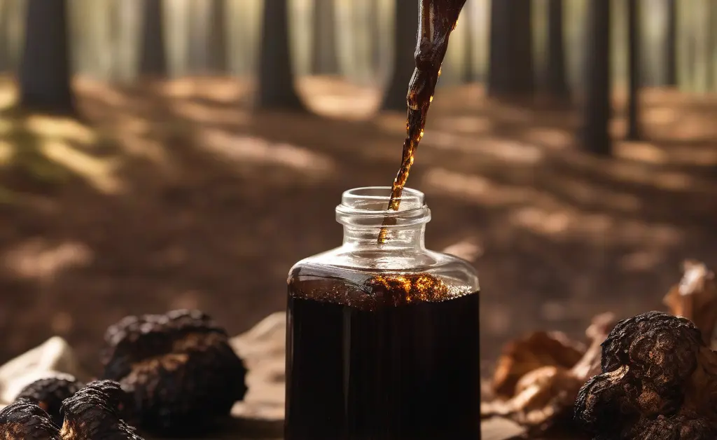 A close-up view of a glass bottle pouring a dark liquid representing chaga mushroom extract benefits, surrounded by natural forest elements and soft sunlight.