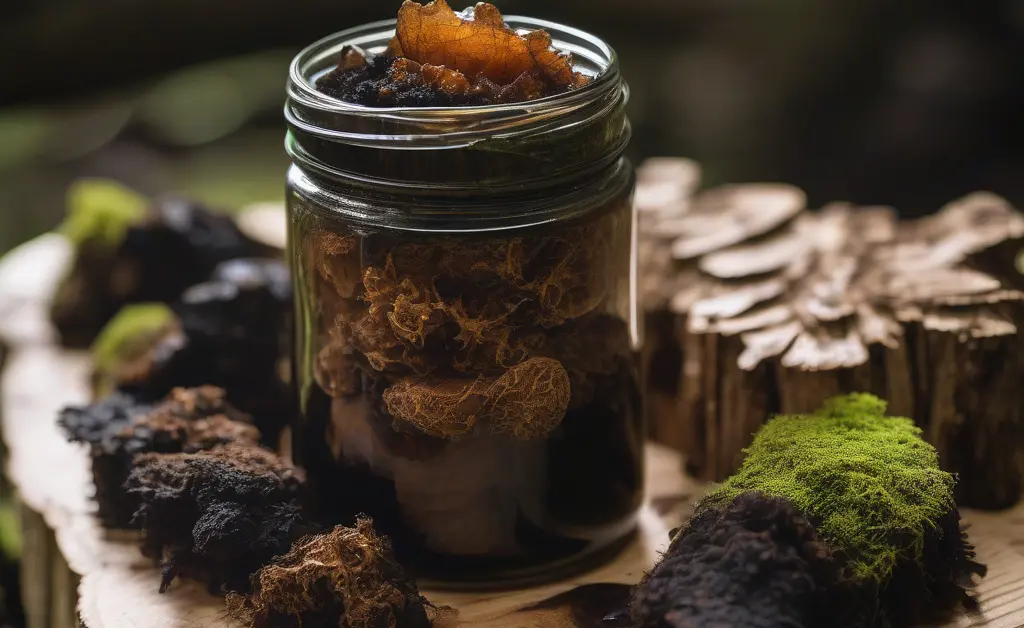Close-up of a glass jar filled with chaga mushroom extract surrounded by fresh birch logs and forest elements under soft natural daylight.