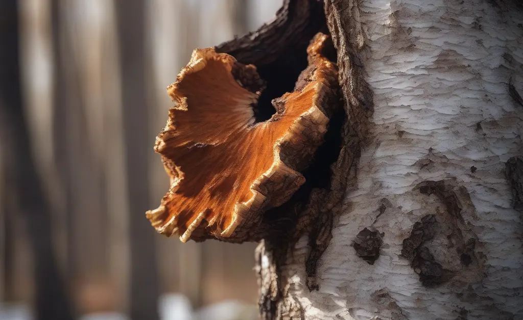 A close-up view of a chaga mushroom growing on a birch tree in a snowy forest landscape during daylight.