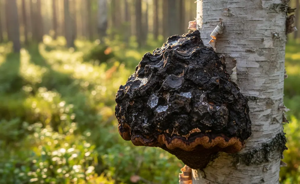 A detailed close-up shows a large chaga mushroom finland growing on the trunk of a birch tree in a pristine, sunlit forest.