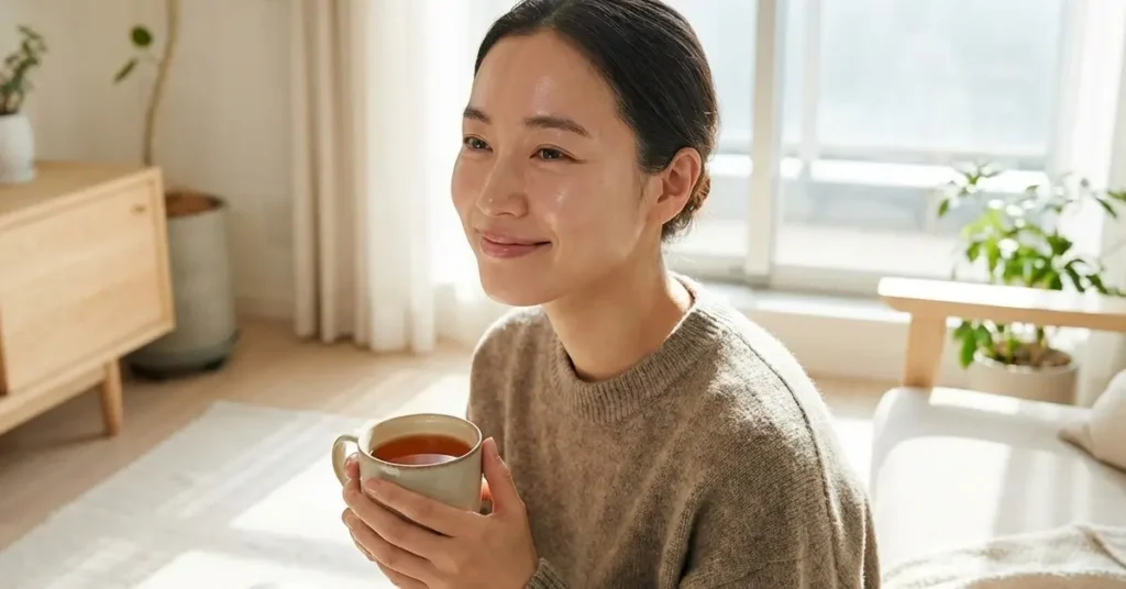 A person with clear, healthy skin sips a warm mug of chaga tea in a bright, tranquil setting, visually representing the benefits of chaga mushroom for acne.