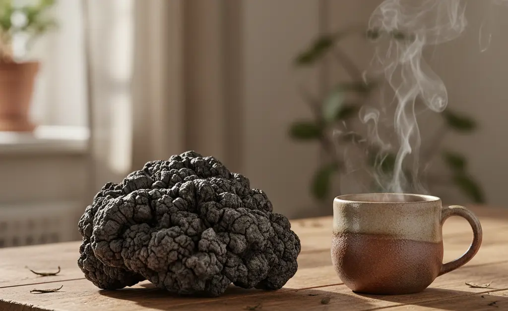 A close-up of a raw chaga mushroom next to a teacup illustrates the natural approach of using chaga mushroom for blood pressure support.