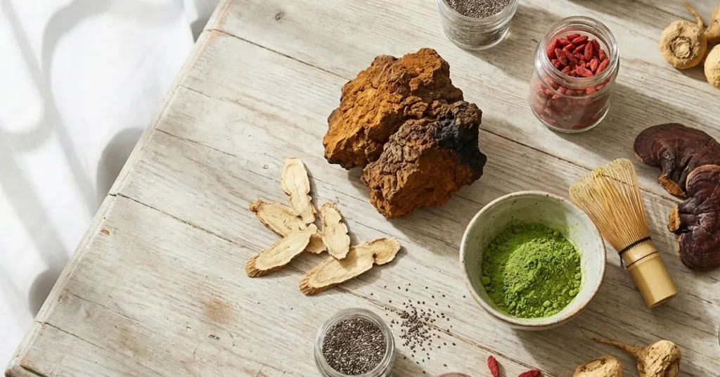 A vibrant collection of natural adaptogens, including a prominently featured chaga mushroom for energy, is artfully arranged on a rustic wooden table under soft light.