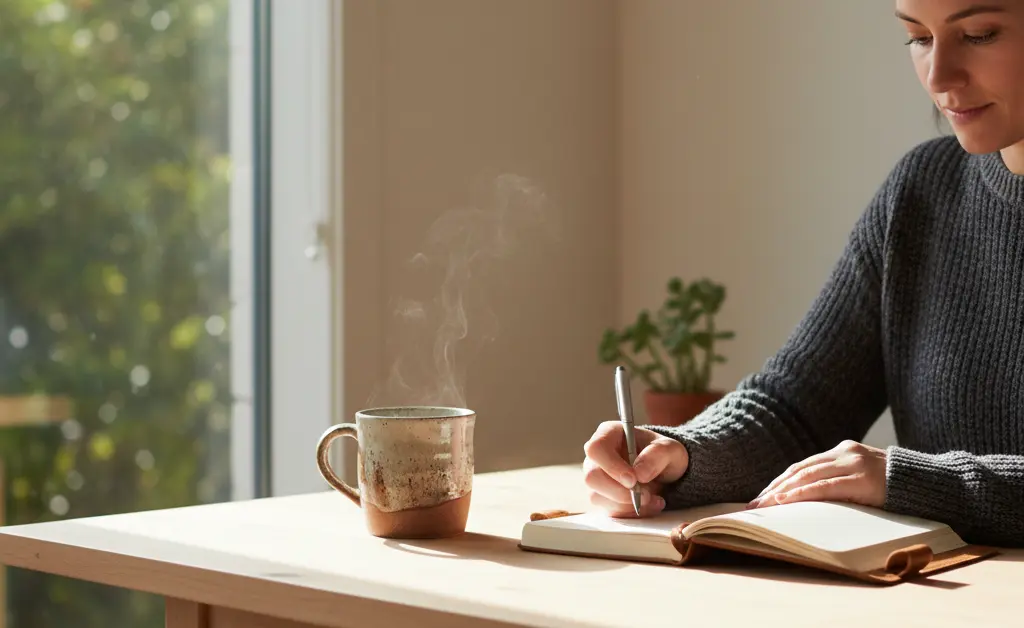 A person with a clear, calm expression benefits from using chaga mushroom for focus while working at a sunlit desk.