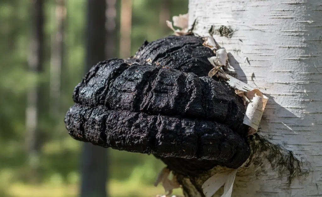 A raw chaga fungus growing on a birch tree, a natural source for those interested in chaga mushroom for immunity.