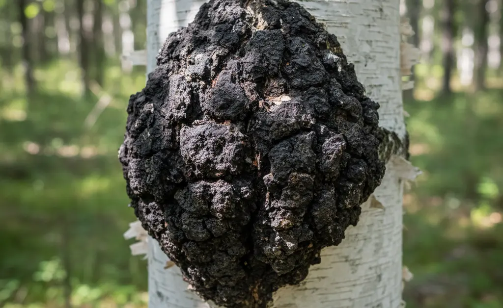 A raw chaga mushroom on a birch tree, illustrating the natural source of chaga mushroom for inflammation.