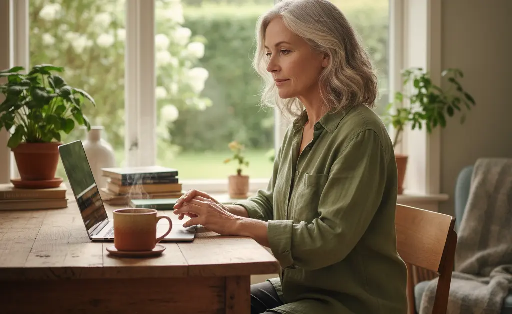 A thoughtful woman in her 50s sits in a bright room researching the benefits of chaga mushroom for menopause on her laptop.