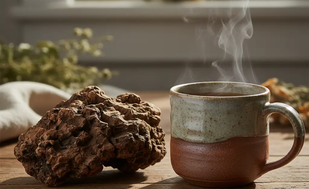 A raw chaga chunk and a warm cup of tea on a wooden table illustrate a natural approach using chaga mushroom for pain.