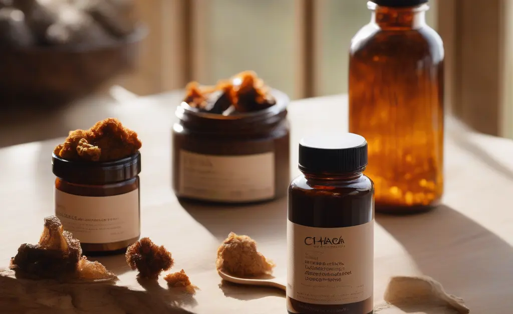 A carefully arranged display of various chaga mushroom for sale products on a wooden counter in a well-lit shop.