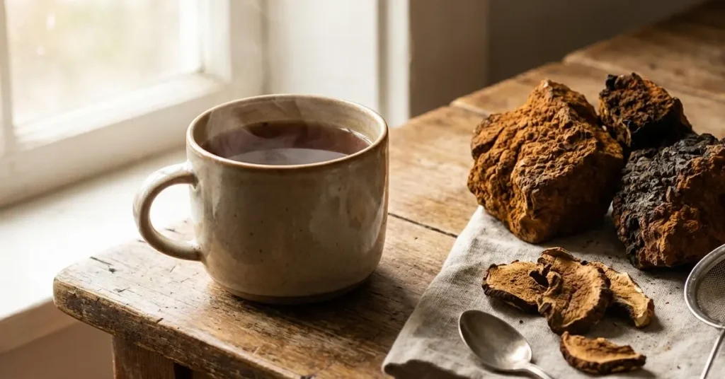 A close-up shot of a healthy individual holding a cup of chaga mushroom tea, symbolizing the natural approach to promoting chaga mushroom for stomach health and overall well-being.