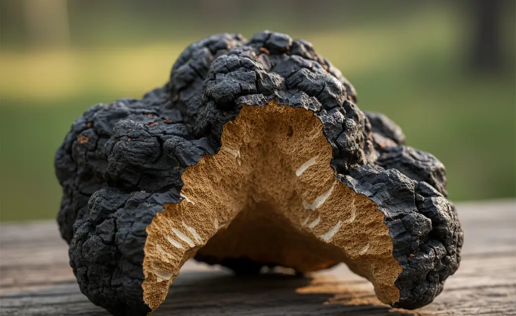 A raw chaga mushroom chunk resting on a wooden surface, highlighting the natural form of chaga mushroom for stress relief.