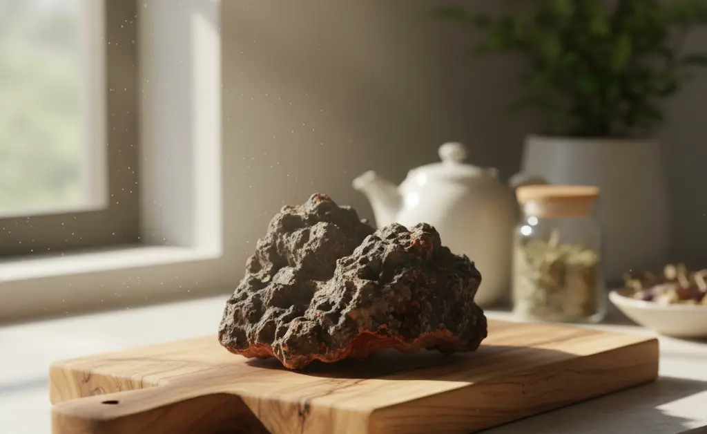 A raw chaga mushroom on a rustic wooden board, illustrating a natural approach to using chaga mushroom for weight loss.