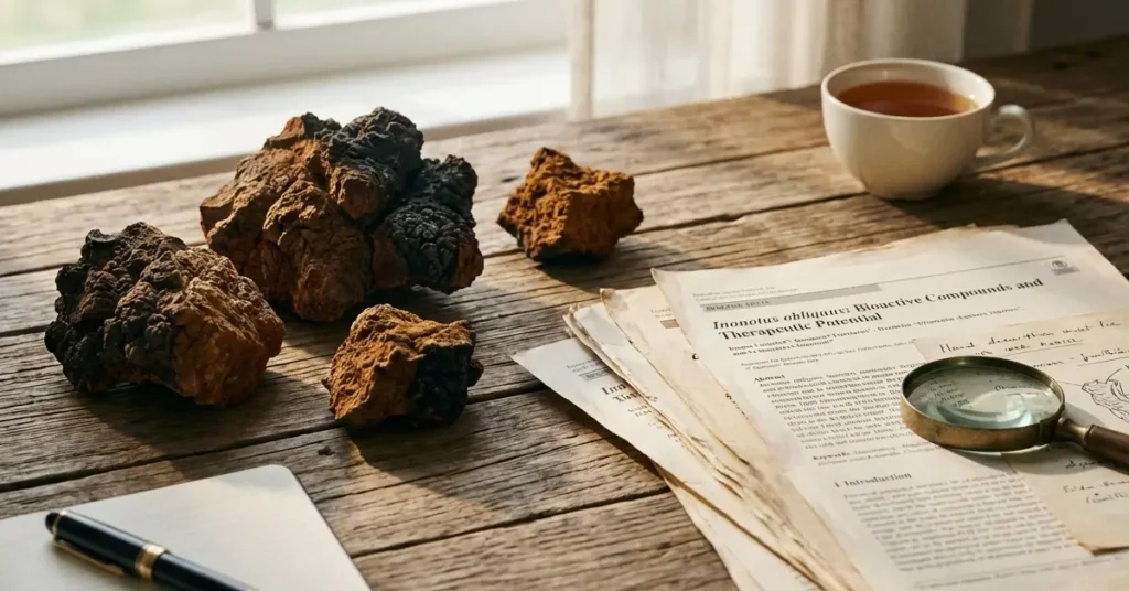 An editorial photograph features dried chaga mushroom pieces arranged next to a scientific journal, symbolizing the ongoing research into whether **chaga mushroom good for kidneys** is a substantiated claim.