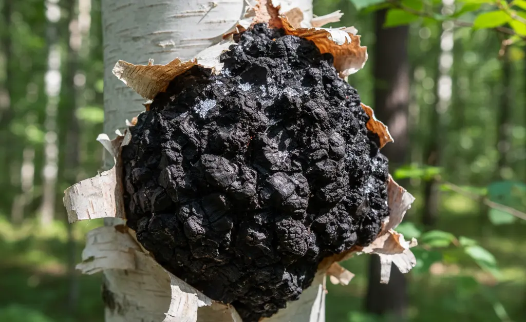 A close-up view of a large, dark chaga mushroom growing on the white bark of a living birch tree in a sunlit forest.