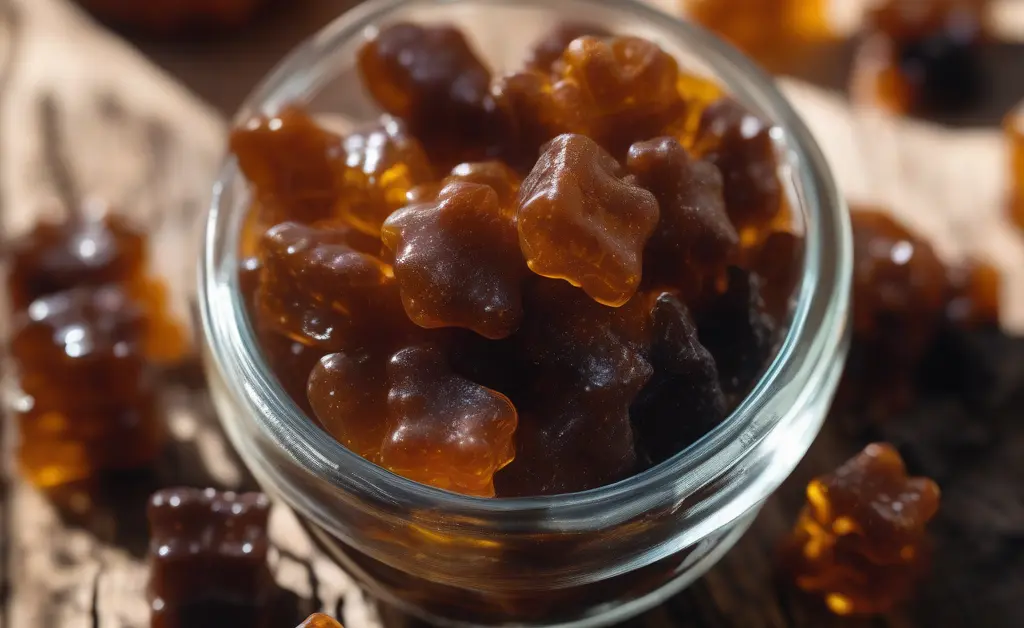 Close-up of chaga mushroom gummies in a clear glass bowl on a wooden table with natural light highlighting their rich amber color and textured surface.