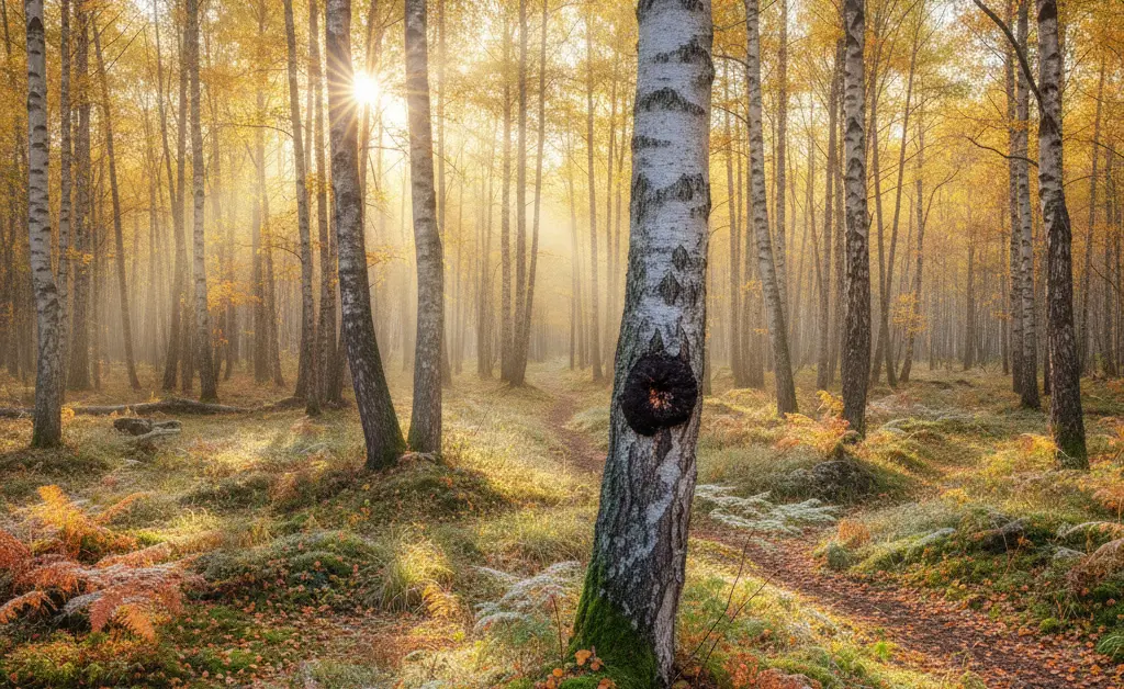 A sunlit view into a northern boreal forest showing the natural chaga mushroom habitat with birch trees as the primary host.