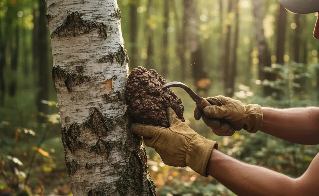 A forager practices sustainable chaga mushroom harvesting by carefully removing a conk from a birch tree in a sunlit forest.