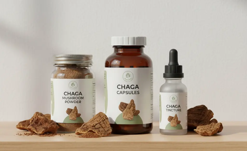 A high-quality display of the chaga mushroom holland and barrett selection, including powder, capsules, and tincture for a wellness lifestyle.
