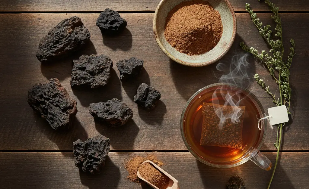 An informative flat lay displaying various forms of chaga mushroom india on a rustic wooden surface for a comprehensive guide.