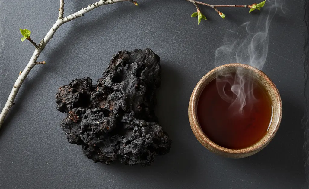 A beautiful flat lay showcases the raw and prepared forms of the chaga mushroom japan for a comprehensive wellness guide.