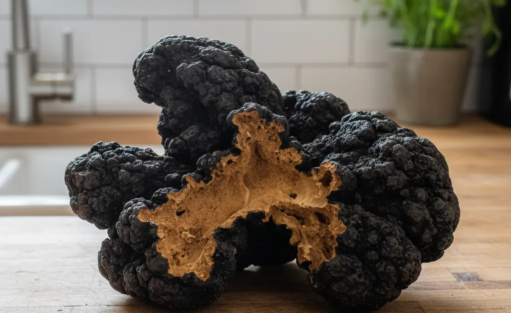 A large piece of raw chaga mushroom jumbo is displayed on a rustic wooden table, showcasing its unique texture and size.