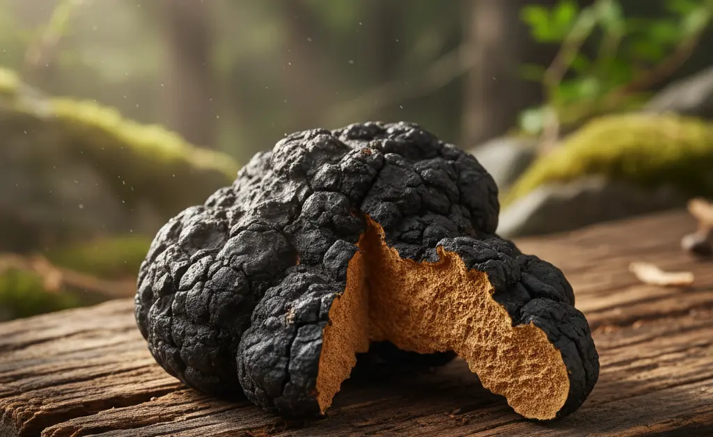 A large, high-quality piece of chaga mushroom korea is displayed on a rustic wooden table, highlighting its dark, cracked exterior and rich golden-brown interior.