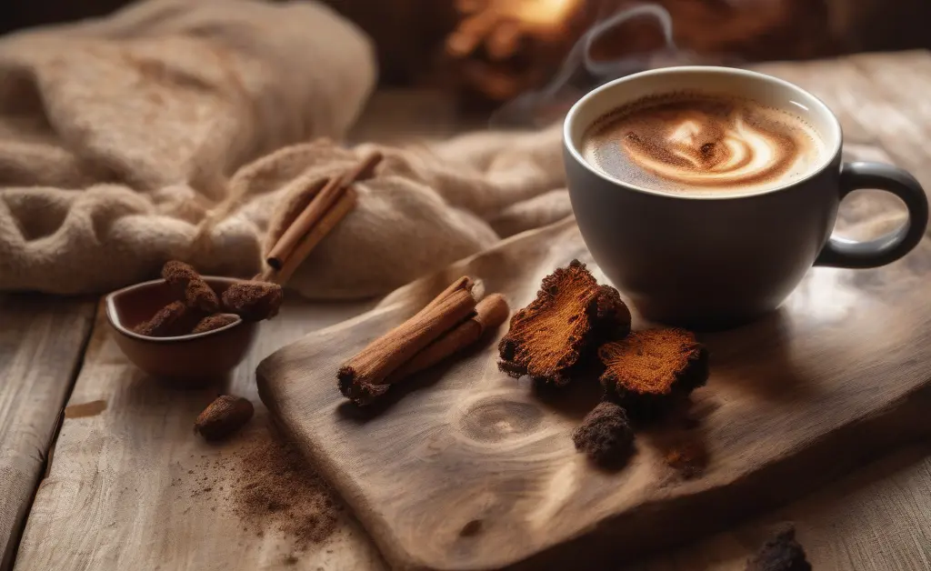 A steaming cup of chaga mushroom latte placed on a rustic wooden table surrounded by natural chaga mushroom chunks and a cinnamon stick.